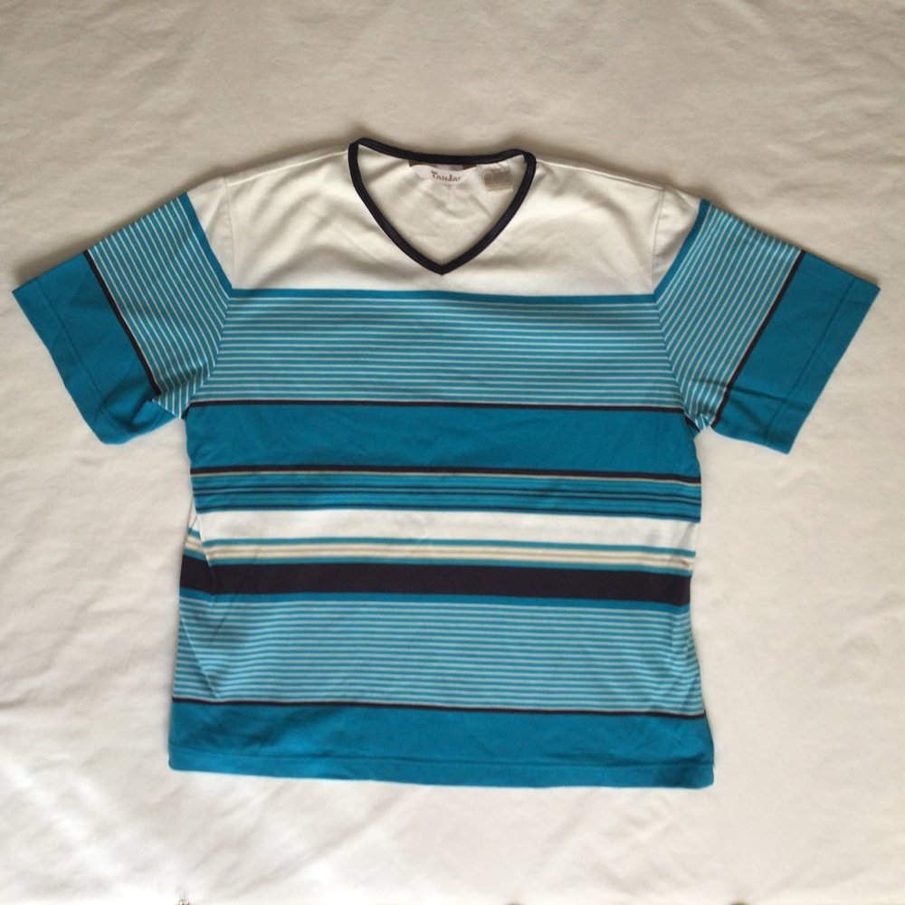 Tan Jay - Teal, white, black and tan horizontal stripe short sleeve top - Picture 1 of 7